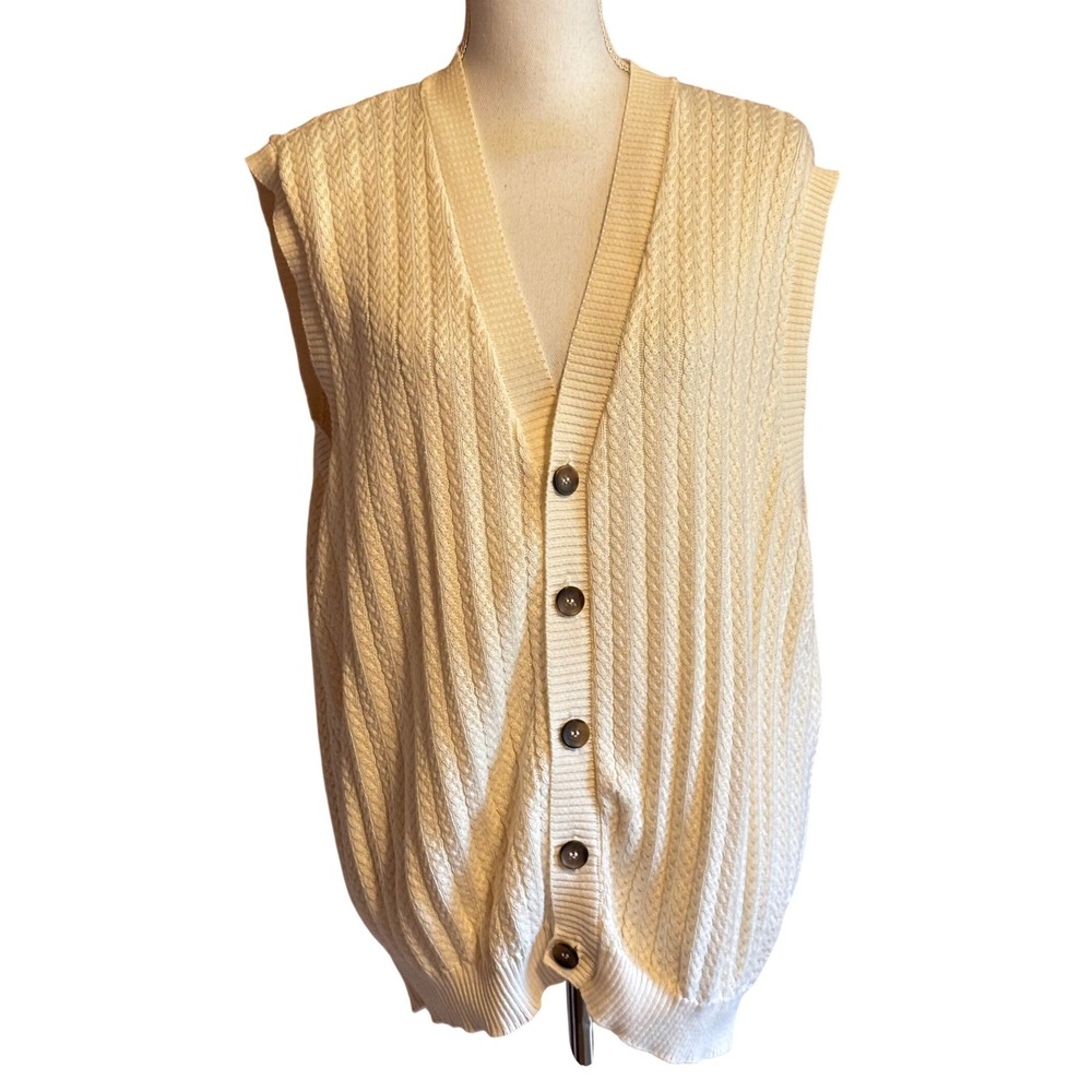 Enro Uomo Cream Cable Knit Vest Large Mercerized Cotton USA Grandpacore Preppy